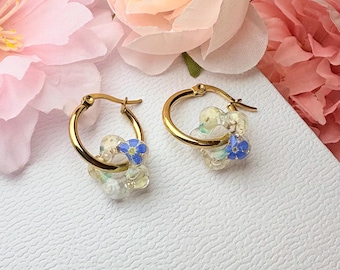 Real Forget-Me-Not Flower Resin Hoop Earrings – Handmade Botanical Jewelry