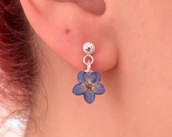 Real Forget-Me-Not Flower Sterling Silver Stud Earrings - Botanical Resin Jewelry