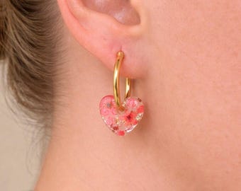 Real Flower Resin Earrings – Sterling Silver Heart Hoop, Floral Jewelry