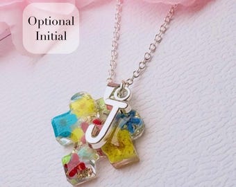Autism Awareness Puzzle Piece Necklace with Real Flowers | Personalised with Initial