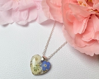 Forget Me Not Heart Necklace – Sterling Silver Pressed Flower Jewelry