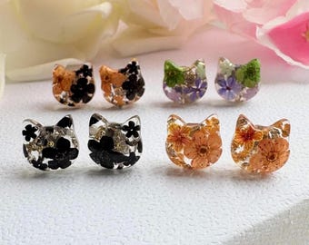 Real Pressed Flower Cat Earrings: Sterling Silver Resin Floral Studs