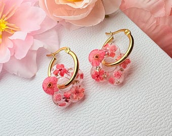 Real Pink Flower Earrings • 18k Gold or Sterling Silver Bloom Hoops