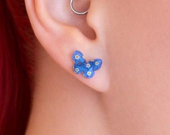 Pressed Forget-Me-Not Flower Butterfly Earrings – Sterling Silver, Nature Jewelry