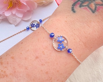 Real Forget-Me-Not Flower Resin Bracelet, Sterling Silver, Botanical Jewelry
