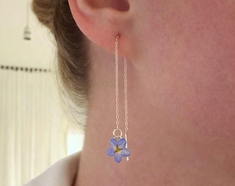 Forget Me Not Flower Earrings – Pressed Blue Flowers, Sterling Silver Dangle