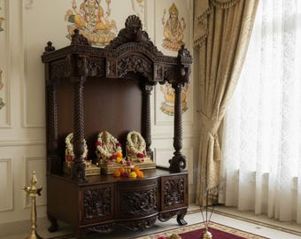Wooden temple modern luxury traditional unique design grand Puja mandap USA handcrafted Puja Teak Wood Hindu Temple, Ganesha Peacock Mandir