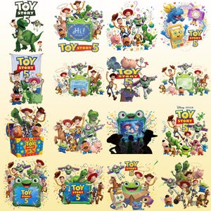 May include: A collection of sixteen distinct graphic illustrations featuring characters from Toy Story 5, including Woody, Buzz Lightyear, Rex, and Mr. Potato Head. Each design incorporates the Toy Story 5 logo, colorful confetti, and various playful scenes with the ensemble cast of animated toys.