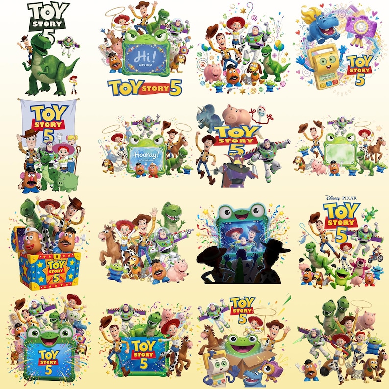 May include: A collection of sixteen distinct graphic illustrations featuring characters from Toy Story 5, including Woody, Buzz Lightyear, Rex, and Mr. Potato Head. Each design incorporates the Toy Story 5 logo, colorful confetti, and various playful scenes with the ensemble cast of animated toys.