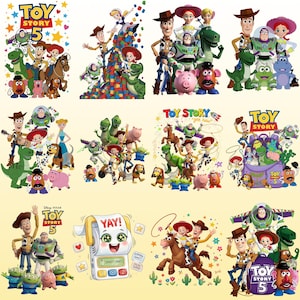 May include: A collection of twelve distinct graphic illustrations featuring Toy Story characters including Woody, Buzz Lightyear, Jessie, Rex, Slinky Dog, Mr. Potato Head, and Hamm, with some designs displaying the Toy Story 5 logo and colorful stars.