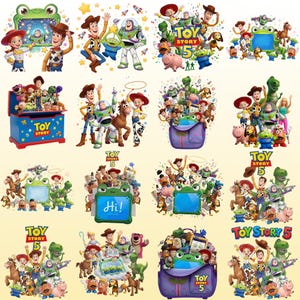 May include: A collection of sixteen digital illustrations featuring Toy Story characters including Woody, Buzz Lightyear, Jessie, and Rex. The images depict various scenes with a green frog-shaped frame, a blue toy chest, and the Toy Story 5 logo.