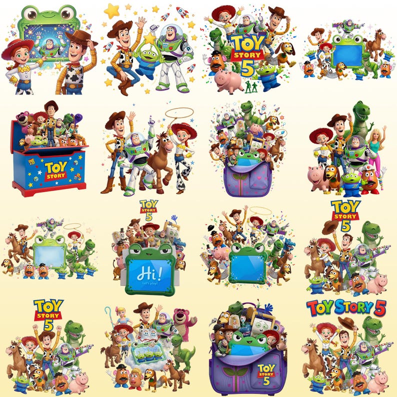 May include: A collection of sixteen digital illustrations featuring Toy Story characters including Woody, Buzz Lightyear, Jessie, and Rex. The images depict various scenes with a green frog-shaped frame, a blue toy chest, and the Toy Story 5 logo.