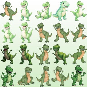 May include: A collection of twenty cartoon dinosaur illustrations arranged in a grid. Each dinosaur is depicted in various poses, featuring shades of green skin, light-colored bellies, and wide, toothy smiles, showcasing diverse expressive movements.
