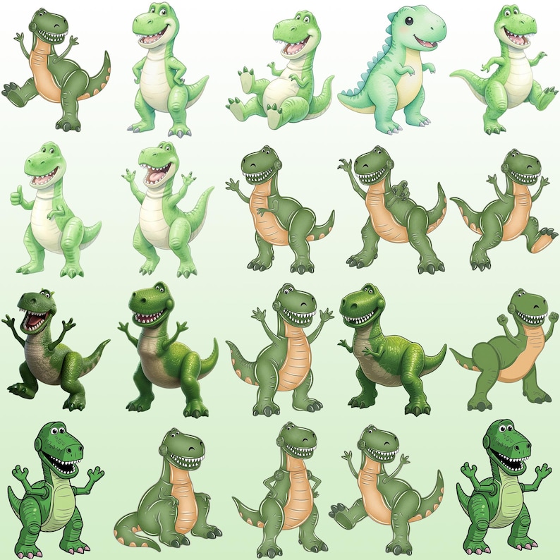 May include: A collection of twenty cartoon dinosaur illustrations arranged in a grid. Each dinosaur is depicted in various poses, featuring shades of green skin, light-colored bellies, and wide, toothy smiles, showcasing diverse expressive movements.