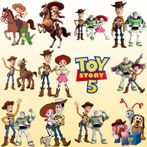 May include: A collection of Toy Story 5 character illustrations featuring Woody, Buzz Lightyear, Jessie, Bullseye, Rex, Slinky Dog, Mr. Potato Head, and Hamm. The graphic includes the blue and yellow Toy Story 5 logo on a light cream background.