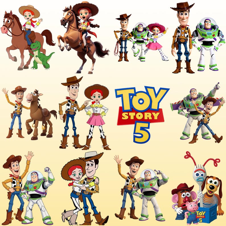 May include: A collection of Toy Story 5 character illustrations featuring Woody, Buzz Lightyear, Jessie, Bullseye, Rex, Slinky Dog, Mr. Potato Head, and Hamm. The graphic includes the blue and yellow Toy Story 5 logo on a light cream background.
