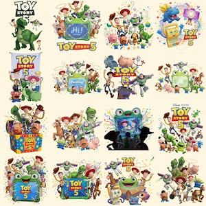 May include: A collection of sixteen colorful graphic illustrations featuring various Toy Story 5 characters including Woody, Buzz Lightyear, Rex, and Mr. Potato Head. The designs incorporate the Toy Story 5 logo, green frog-shaped frames, and confetti.