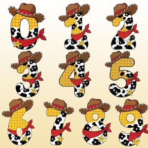 May include: A set of numbers zero through nine, each styled with a brown cowboy hat, a yellow grid pattern, black and white cow print, a red bandana, and a gold sheriff star badge. The numbers feature a cartoon aesthetic with small star accents.