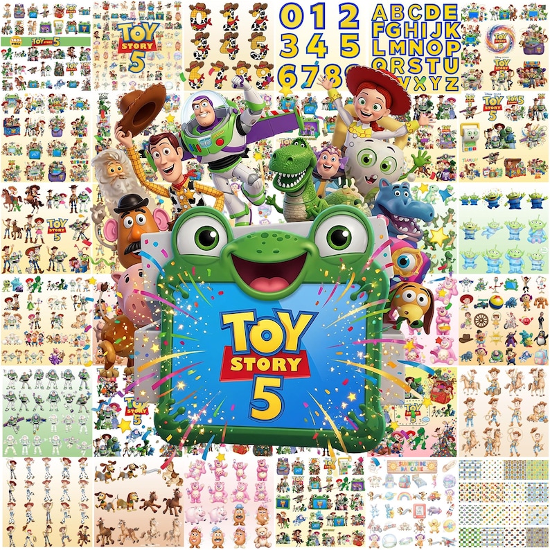 May include: A collection of Toy Story 5 themed stickers featuring various characters including Woody, Buzz Lightyear, Jessie, Rex, and Mr. Potato Head, alongside numbers, letters, and a central green frog-shaped frame with the Toy Story 5 logo.