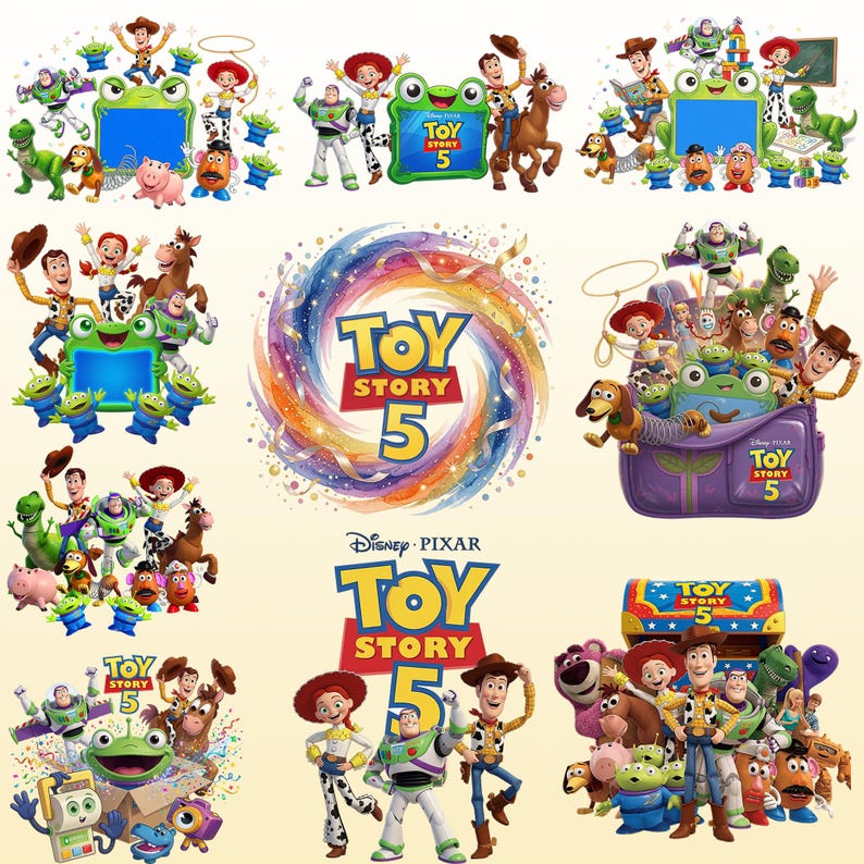 May include: A collection of Toy Story 5 digital graphics featuring Woody, Buzz Lightyear, Jessie, and other characters. The images include various arrangements of the cast, a colorful swirling logo, and a purple backpack with the Toy Story 5 text.