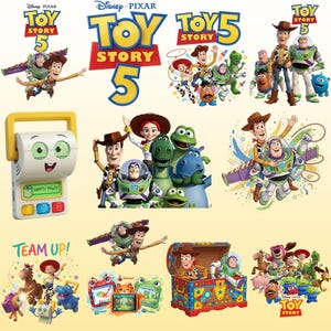 May include: A collection of Toy Story 5 promotional graphics featuring Woody, Buzz Lightyear, Jessie, and other characters. Includes a white and yellow electronic toy with a screen displaying the text Smarty Pants and buttons labeled 1, 2.