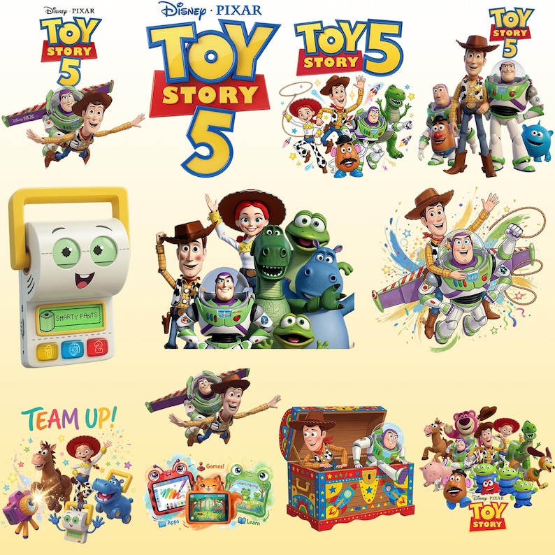 May include: A collection of Toy Story 5 promotional graphics featuring Woody, Buzz Lightyear, Jessie, and other characters. Includes a white and yellow electronic toy with a screen displaying the text Smarty Pants and buttons labeled 1, 2.