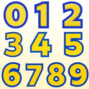 May include: A set of ten numerical digits from zero to nine, each rendered in a bold, yellow font with a thick blue outline. The numbers are arranged in three rows, with zero, one, and two in the top row, three, four, and five in the middle, and six, seven, eight, and nine in the bottom row.