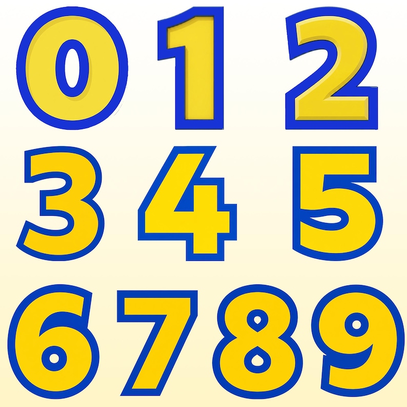 May include: A set of ten numerical digits from zero to nine, each rendered in a bold, yellow font with a thick blue outline. The numbers are arranged in three rows, with zero, one, and two in the top row, three, four, and five in the middle, and six, seven, eight, and nine in the bottom row.
