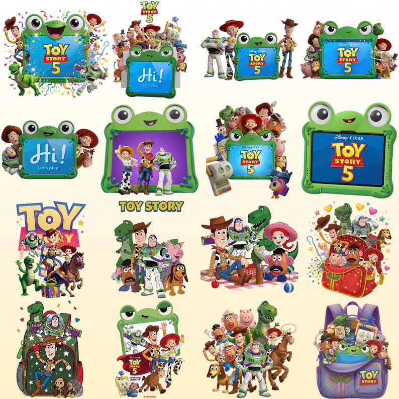 May include: A collection of digital illustrations featuring Toy Story 5 characters including Woody, Buzz Lightyear, Jessie, Rex, and Slinky Dog. Several designs incorporate a green frog-shaped frame with the Toy Story 5 logo or the text Hi! Let's play!