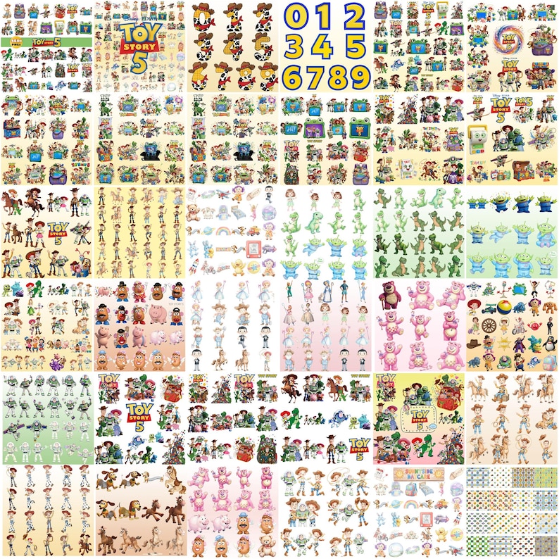 May include: A collection of Toy Story 5 themed stickers featuring various characters including Woody, Buzz Lightyear, Rex, and Lotso, along with numbers zero through nine, all displayed in a grid layout with colorful illustrations and text.