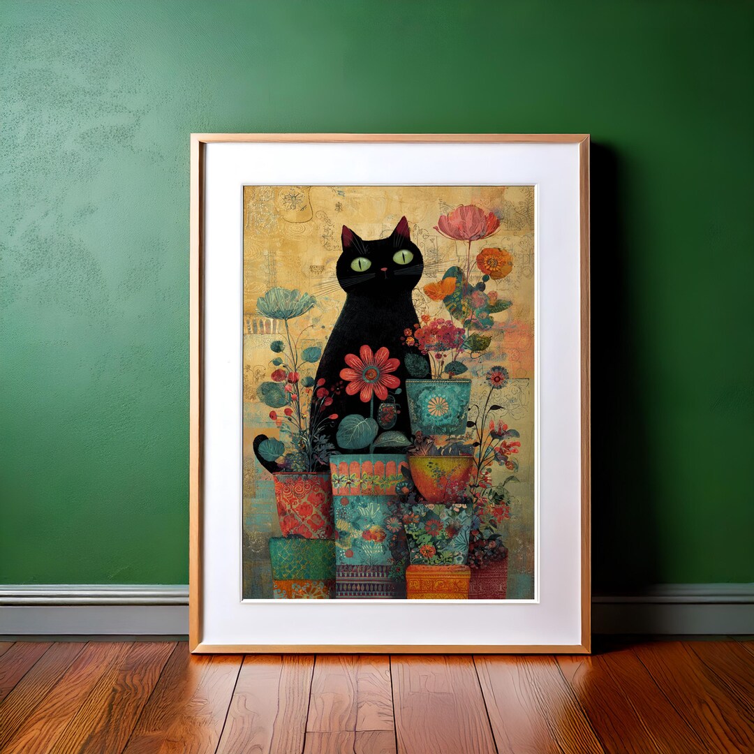 Black Cat With Red Flowers Art Print – Whimsical Floral Cat Poster ...