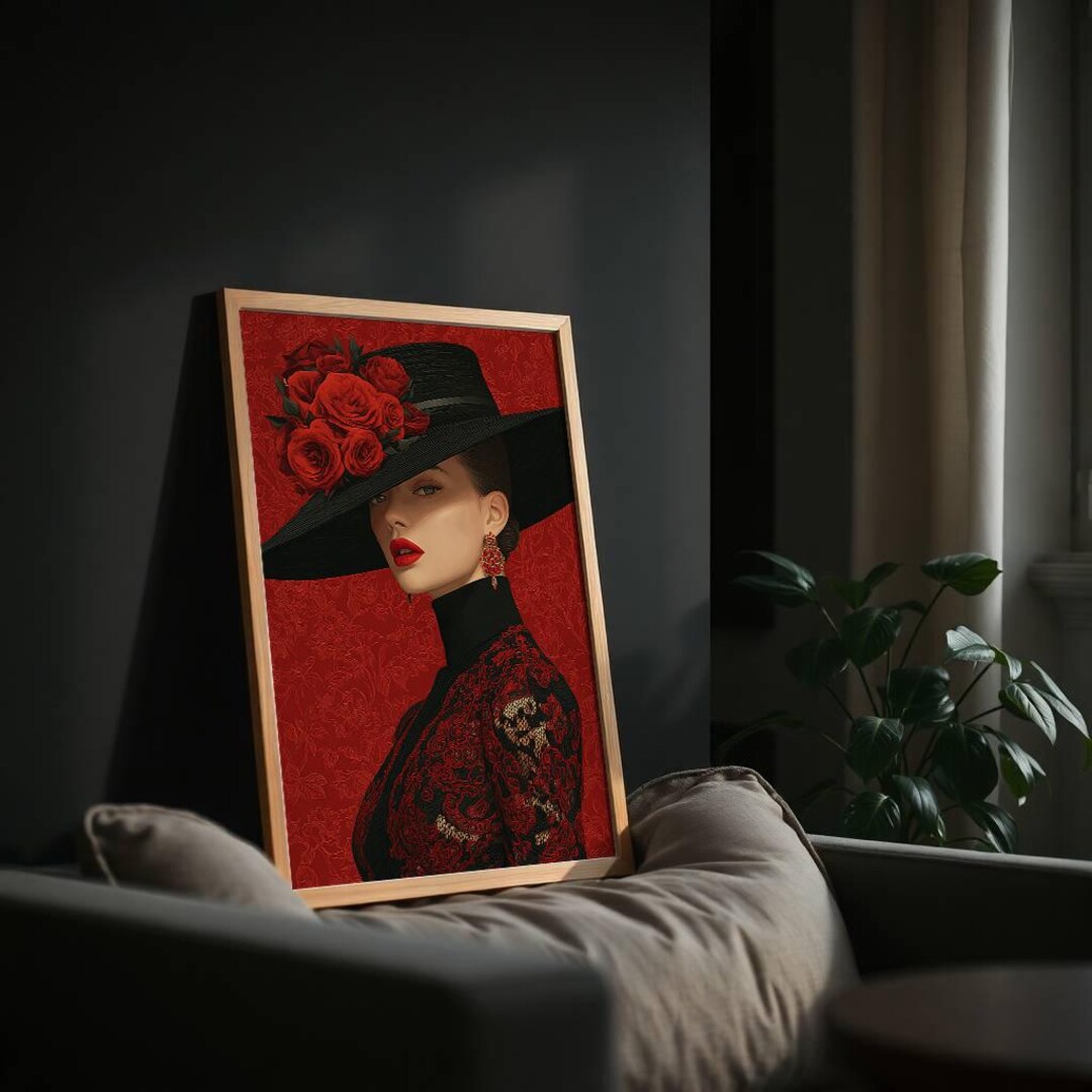 Elegant Red Rose Lady Portrait Wall Art Print, Fashion Woman in Black ...