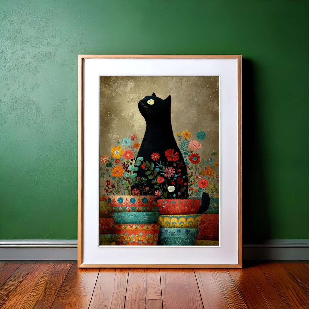 Black Cat in Teal Flower Pots Art Print – Whimsical Cat Wall Art ...