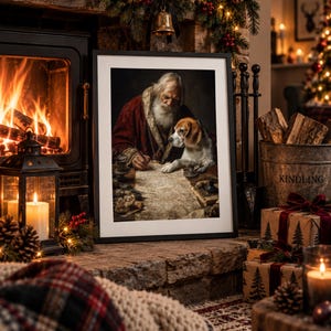 May include: A framed wall art print featuring an elderly person with a long white beard wearing a red robe, writing on a long scroll of paper with a quill pen, while a beagle dog sits beside them, resting a paw on the scroll in a cosy setting.