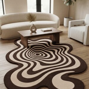 Hand Tufted Abstract Wool Rug, Organic Wave Area Rug, Modern Irregular Carpet, Brown Cream Rug, Scandinavian Living Room Decor