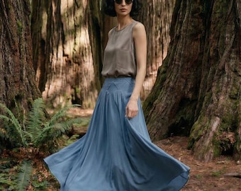 Jupe longue en soie de mûrier 30 mm - Jupe trapèze fluide faite main, jupe en soie à empiècement plissé, fermeture à glissière latérale, jupe minimaliste élégante