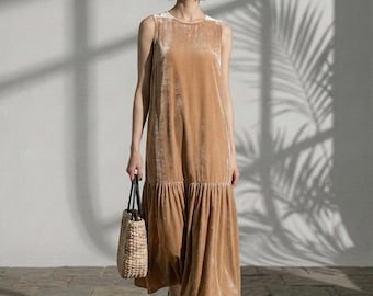 Robe longue en velours de soie pour femme, Robe longue sans manches en soie de mûrier, Robe en velours minimaliste élégante, Robe printemps-été douce et brillante