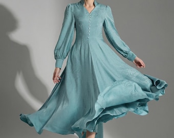 Robe longue en jacquard de soie, robe vintage française à manches longues, robe en soie à encolure perlée, élégante robe romantique fluide