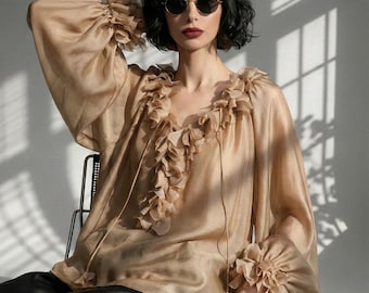 Chemisier à col en V en cupro pour femme, haut romantique à pétales, chemise à manches ballon