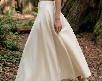 Jupe longue en coton et lin blanche - Jupe évasée trapèze taille haute, jupe d'été fluide, doublure en coton, fermeture éclair YKK, jupe élégante minimaliste