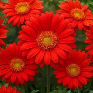 May include: A cluster of vibrant red gerbera daisies with bright yellow centers. The petals are fully open, showcasing their layered structure. The flowers are in full bloom, with a lush green background.