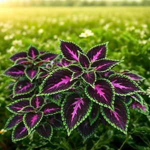 Puede incluir: Primer plano de una planta de coleo con hojas vibrantes y estampadas. Las hojas son de un morado intenso con venas rosas brillantes y bordes verde claro. La planta se encuentra sobre un fondo borroso de follaje verde y luz solar.