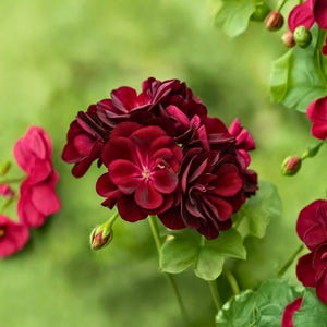 Op de afbeelding: Close-up van een cluster van dieprode geraniumbloemen met donkere aderen, tegen een zachte groene achtergrond. De bloemen zijn volledig open en tonen hun gelaagde bloemblaadjes. Groene bladeren en knoppen zijn ook zichtbaar.