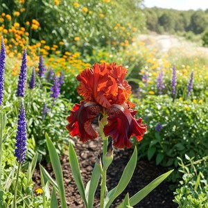 May include: A vibrant, ruffled, red-orange iris flower with deep burgundy accents blooms in a garden setting. The flower is surrounded by green foliage and other colorful flowers, including purple and yellow varieties.