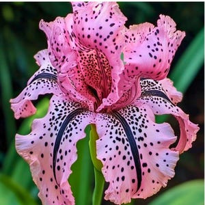 Può includere: Primo piano di un fiore di iris rosa con macchie e strisce nere. Il fiore ha petali increspati e uno stelo verde. Il centro del fiore è di una tonalità di rosa più scura, creando un contrasto sorprendente.
