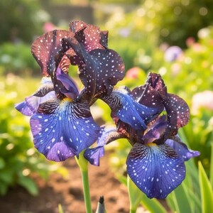 May include: Close-up of two iris flowers with dark purple petals speckled with white dots. The lower petals are a vibrant blue with white veining. The flowers are set against a blurred background of green foliage and other flowers.