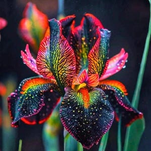 Könnte beinhalten: Nahaufnahme einer lebendigen Irisblüte mit Blütenblättern in Schwarz, Rot, Gelb und Grün. Die Blüte hat ein gesprenkeltes Muster und komplizierte Adern, mit sichtbaren Wassertröpfchen. Der Hintergrund ist dunkel.