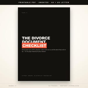 Può includere: Un documento PDF stampabile nero intitolato The Divorce Document Checklist con testo bianco e un riquadro rettangolare rosso. La pagina include un sottotesto che descrive lo scopo della lista, formattato per i formati A4 e US Letter.