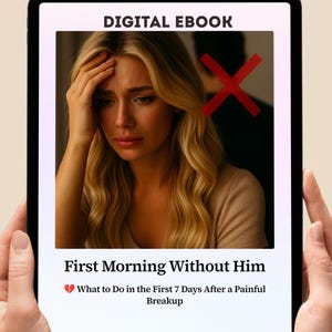 May include: A digital ebook displayed on a tablet. The cover features a distressed woman with blonde hair, a red X over a blurred figure, and the title "First Morning Without Him." The subtitle reads, "What to Do in the First 7 Days After a Painful Breakup."