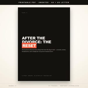 May include: A black printable PDF document cover titled AFTER THE DIVORCE: THE RESET with white text and a red rectangular highlight. The subtitle reads: The hundred administrative things that start the day it ends—accounts, names, beneficiaries, and a budget for one person instead of two.